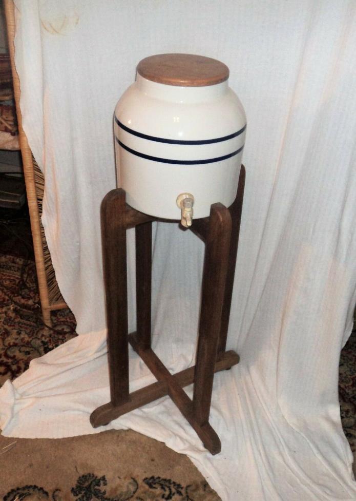 Vintage Springwell Water Dispenser Blue Stripe Stoneware Crock With Stand USA