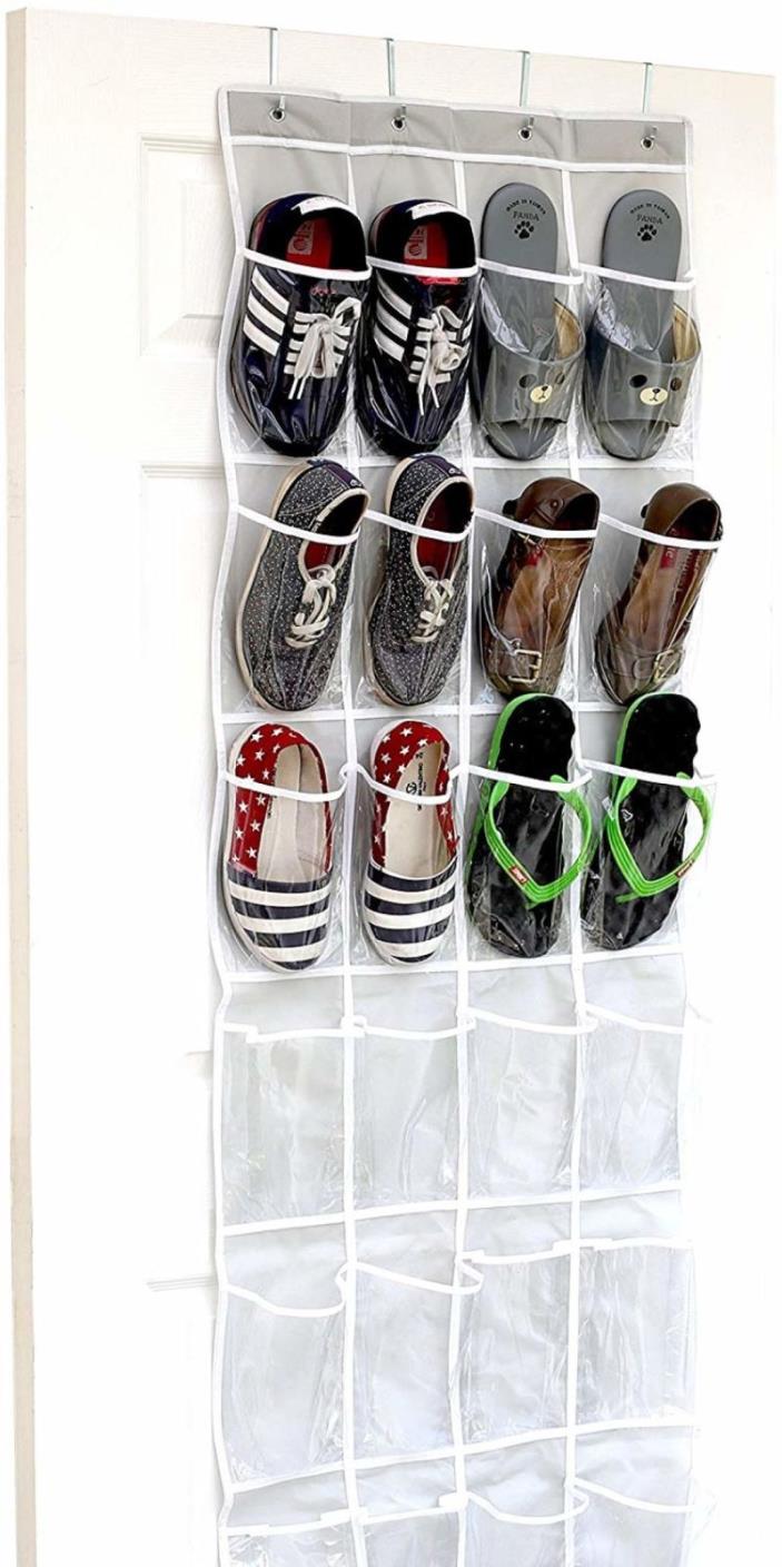 24 Pockets Crystal Clear Over The Door Hanging Shoe Organizer Gray 64” H x 19” W