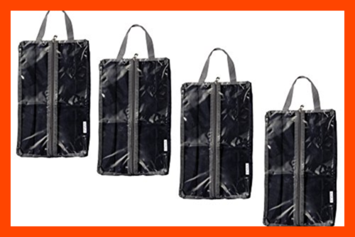 4 Pack BLACK Travel Shoe Bags Portable Zippered Storage Totes W Handles M