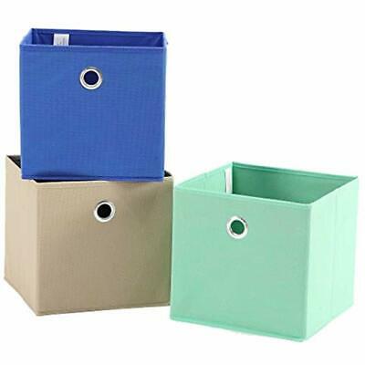 Set Of 3 Foldable Fabric Storage Bins, Cubes For Shelf, Aqua, Blue, And Khaki