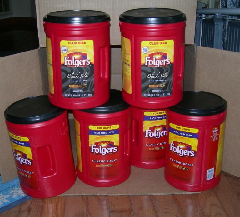 Empty Folgers Plastic Coffee Containers 6: 43.8 & 51 oz. Size Red W/ Black Lids