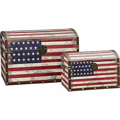 American Flag Antique Vintage Trunk Set Décor Large w/ Historic-Looking Maps