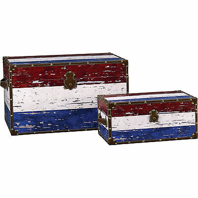 Large Red, White and Blue Wood Trunk Storage Organizer Furniture Home Décor Set