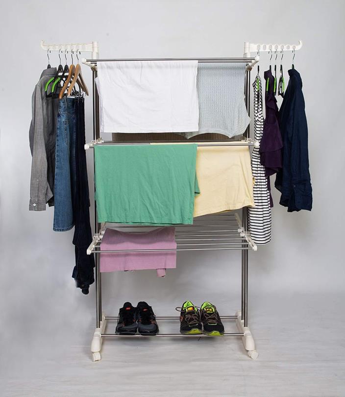 Freestanding Collapsible Height-Adjustable-Rack Rolling 3-Tier Clothes (Laundry)