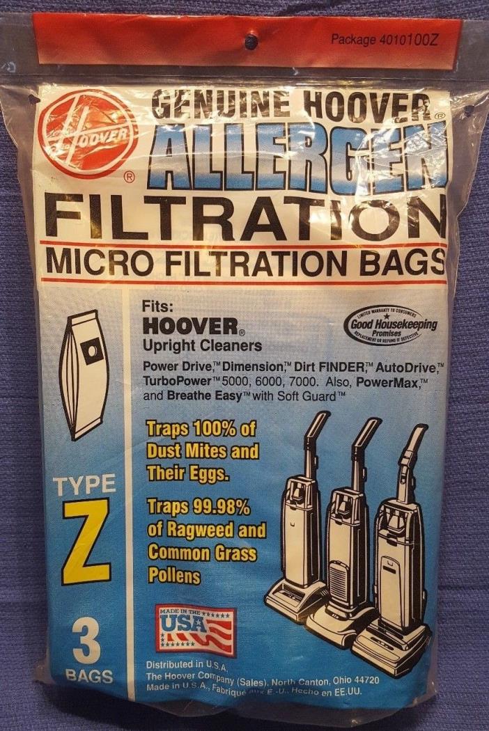 Sealed Genuine Hoover Type Z Allergen Micro Filtration Vacuum Bags 4010100Z