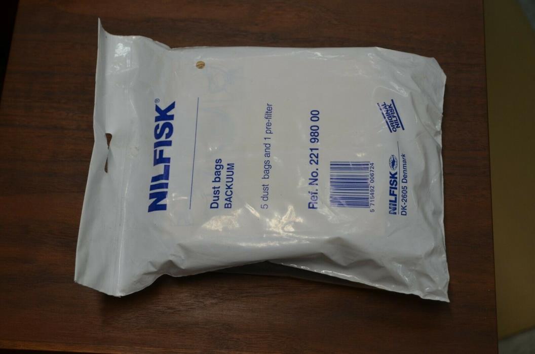 5 Nilfisk Advance Backuum vac bags with 1 pre-filter