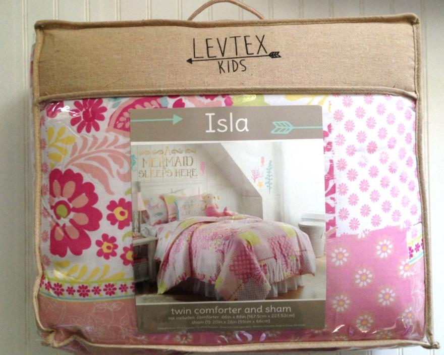 Twin Comforter & Sham Floral Patchwork Daisy Pink Green Girls Levtex Bedding Set