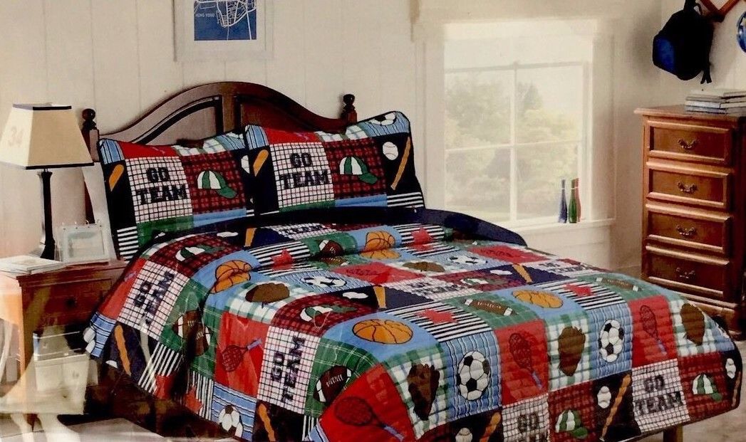 NEW Cozee Quilts Kids Boys Sports Twin Bedding Quilt & Sham Navy Blue/Red/White