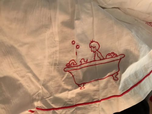 Pottery Barn CRIB RISE SHINE Embroidered bed DUST RUFFLE RED WHITE KID BABY