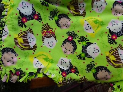 HAND MADE FLEECE NO-SEW BLANKET/GIRLS OF ALL NATIONS THEME-NEW-LIME GREEN PRINT-