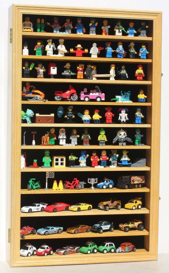 (Oak Finish) Minifigures-Miniature-Figures-Display-Case-Wall Curio Cabinet