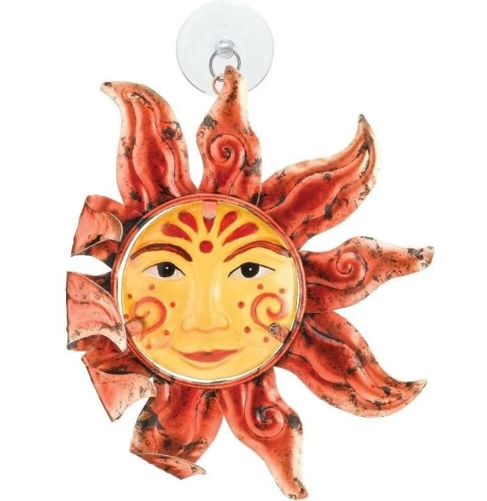 New Regal Art Sun Catcher, Mayan Sun Face, Hand Painted Glass & Metal, Orange