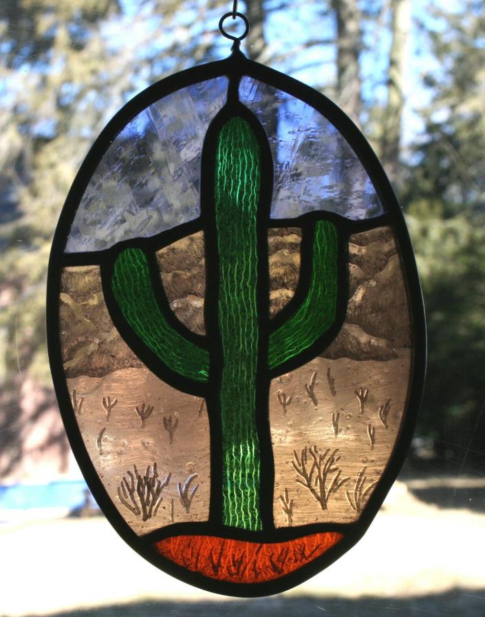 Stained Glass,Hand Painted,Kiln Fired Purple Cactus Panel, #1105-02