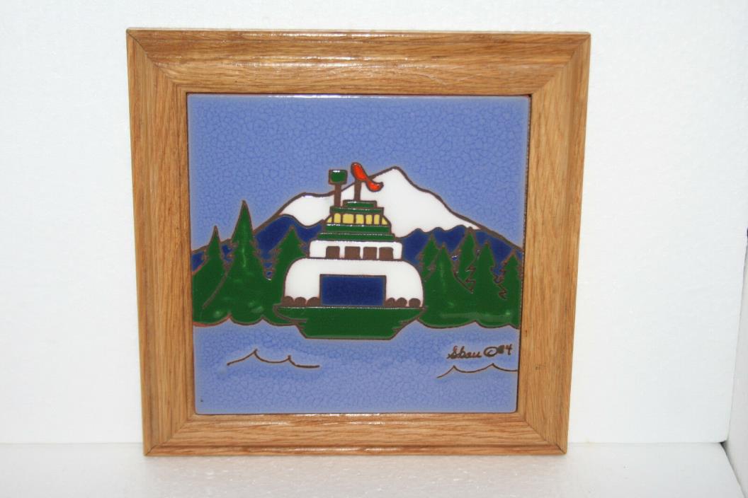 Framed Decorative Hand Glazed Ceramic Tile Art Boat Lake Snowcap Mountain Trees