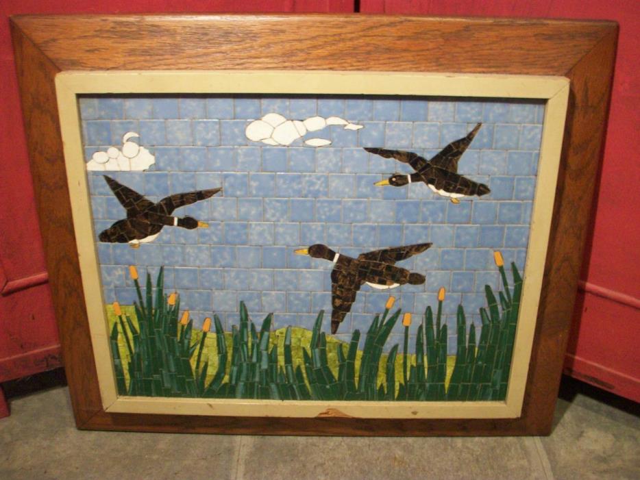 Vintage mosaic inlay tile wall art Birds 1960's vintage wood frame  17 X 20