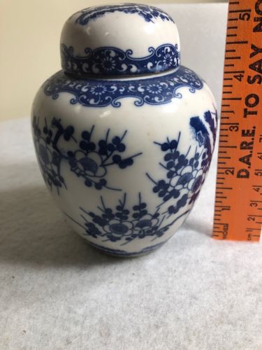 Vintage Decorative Floral White & Blue Ceramic  Vase Urn Jar with 2 Lids