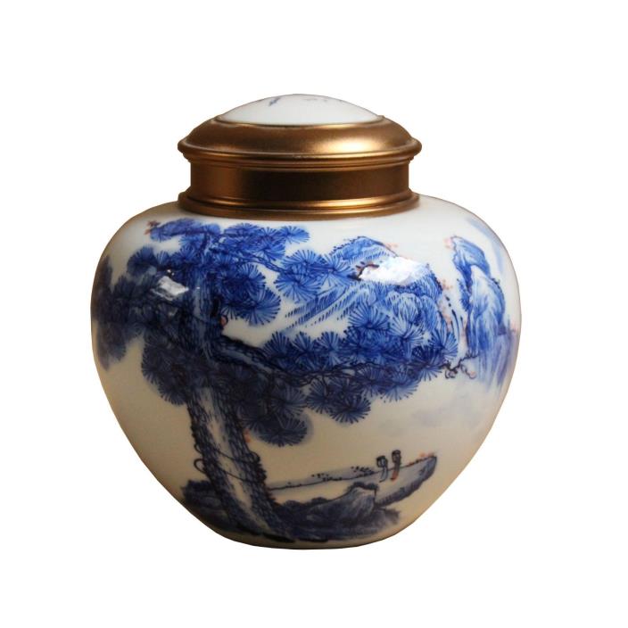 Oriental Handmade Blue White Porcelain Metal Lid Container Urn cs4389