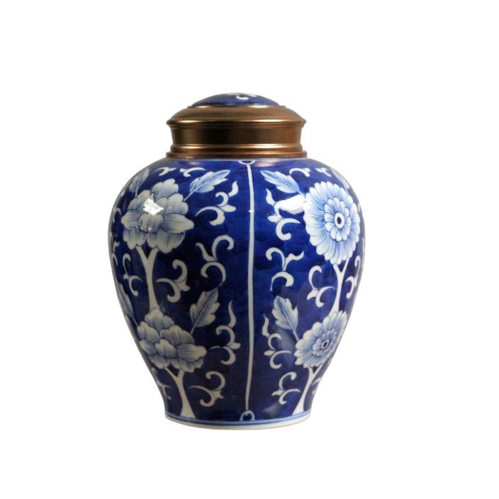 Oriental Handmade Blue White Porcelain Metal Lid Container Urn cs4394