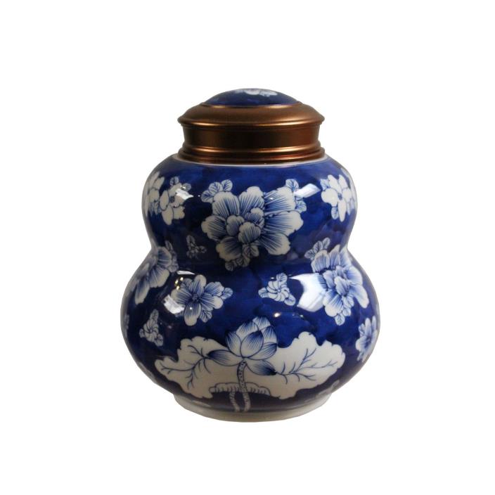 Oriental Handmade Blue White Porcelain Metal Lid Container Urn cs4393
