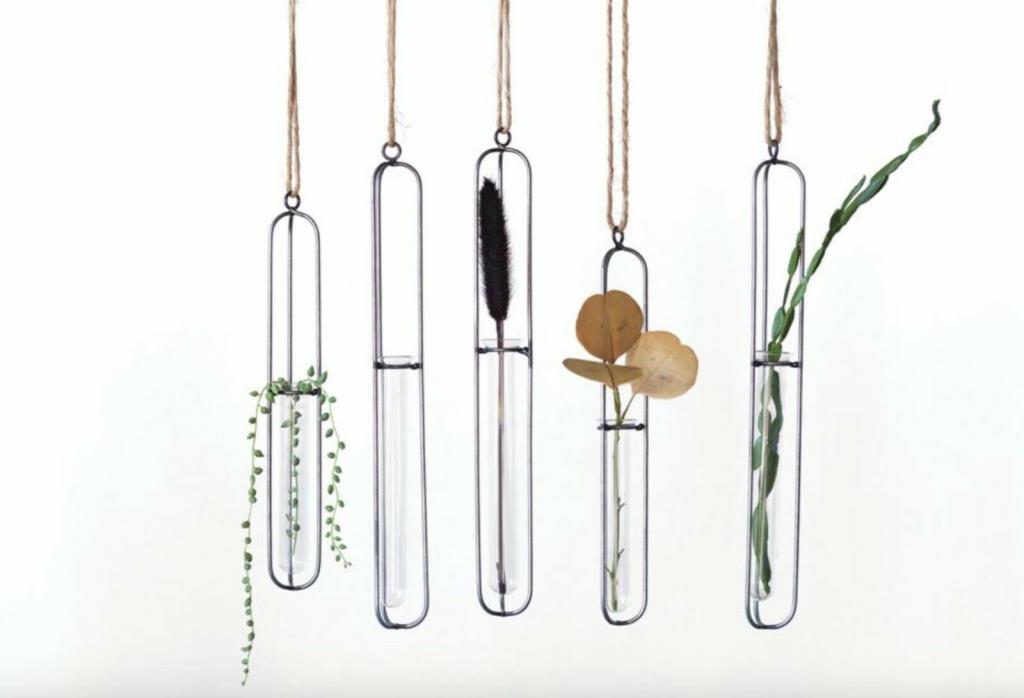 Industrial Wrought Iron Test Tube & Glass Hanging Flower Vases Terrarium