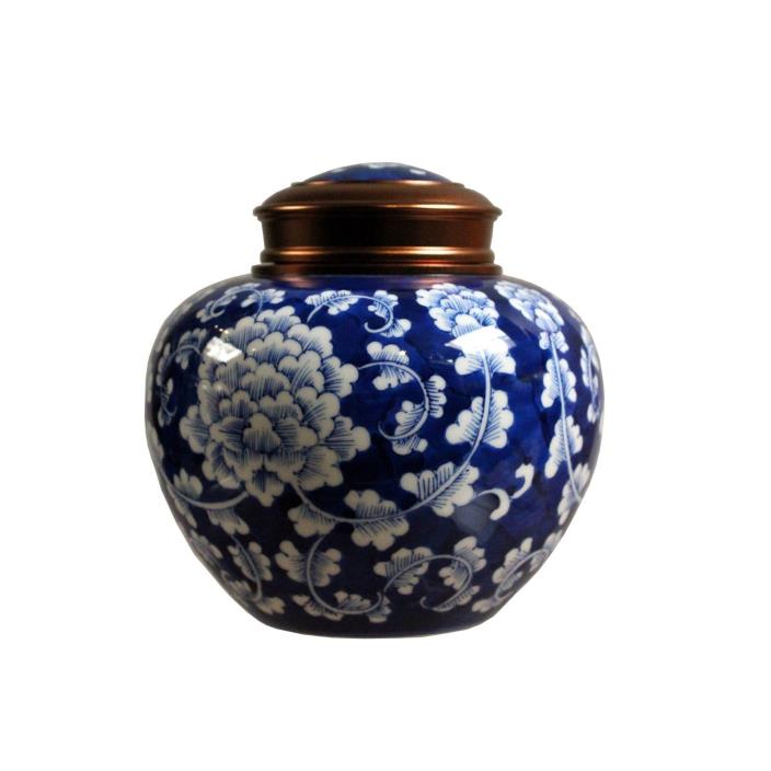 Oriental Handmade Blue White Porcelain Metal Lid Container Urn cs4392