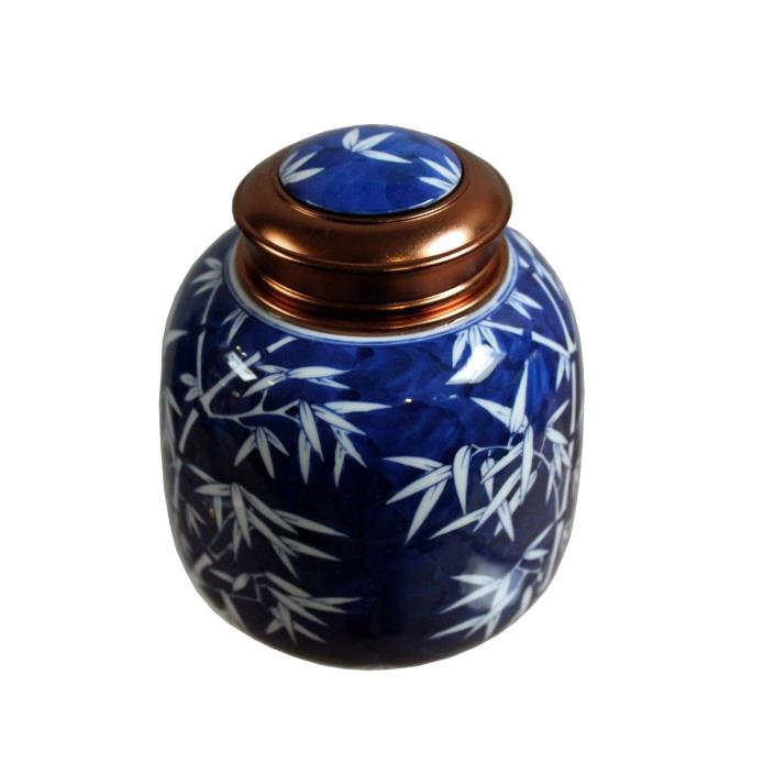 Oriental Handmade Blue White Porcelain Metal Lid Container Urn cs4391