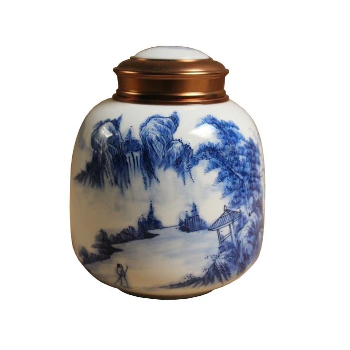 Oriental Handmade Blue White Porcelain Metal Lid Container Urn cs4390