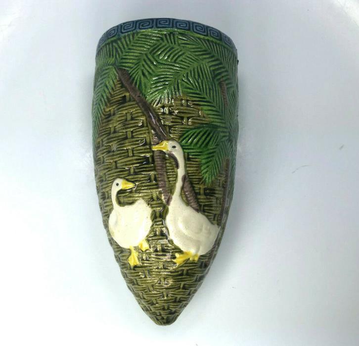 Vintage Japan Majolica 2 Geese with Textured Weave Cone Basket Wall Pocket