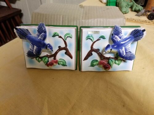 2 Ceramic Book Wall Pockets Hand Painted  Blue Birds Vtg Planters nos