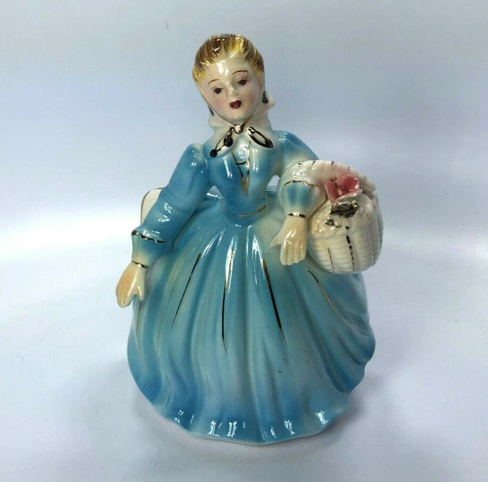Vintage Japan ESD Victorian Woman in Blue Dress with Basket Wall Pocket