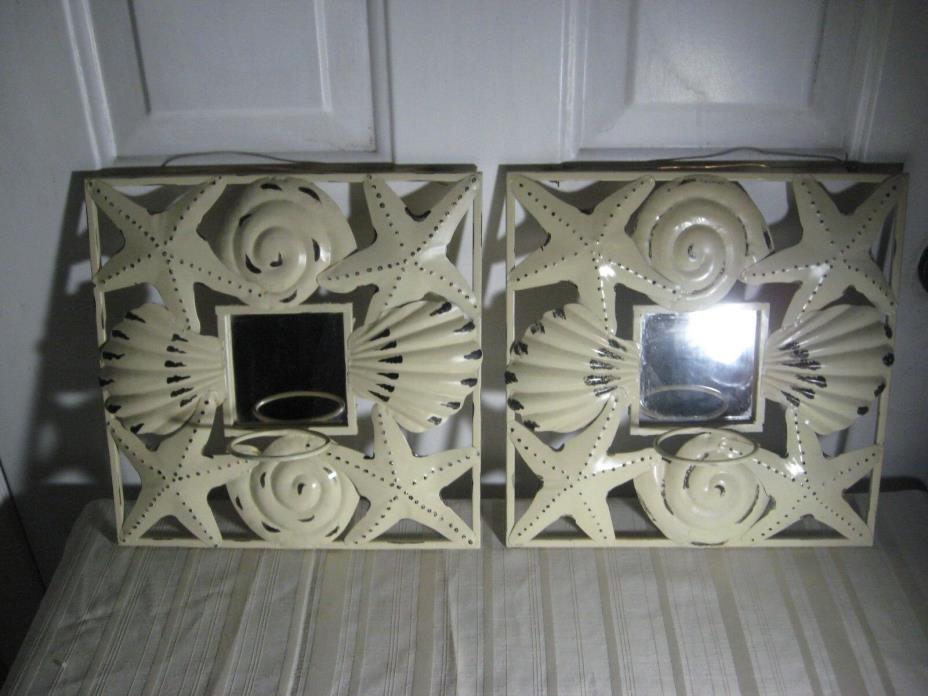 VTG Rustic Ivory Metal Starfish & Shell Wall Hanging W/Mirror and Holder 12