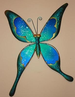 Butterfly Wall Hanging Decor Sculpture Blue & Green Metal & Stained Glass New