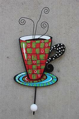 New Whimsical Painted Coffee Cup Wall Hook Red Green Checkerboard