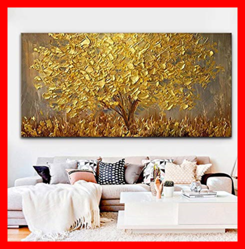 Thick Texture GOLD Tree Paintings Canvas Wall Art Hand Oil 3D Palette Knife Artw