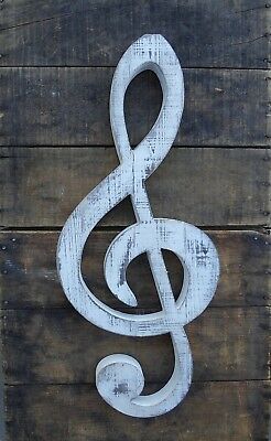 Large Distressed WHITE Weathered WOOD Wall Sign LETTER Music Note TREBLE CLEF