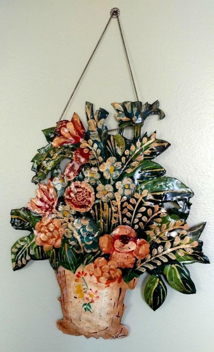 Hand Painted Cut Metal Wall Hanging – Floral Bouquet - Signed