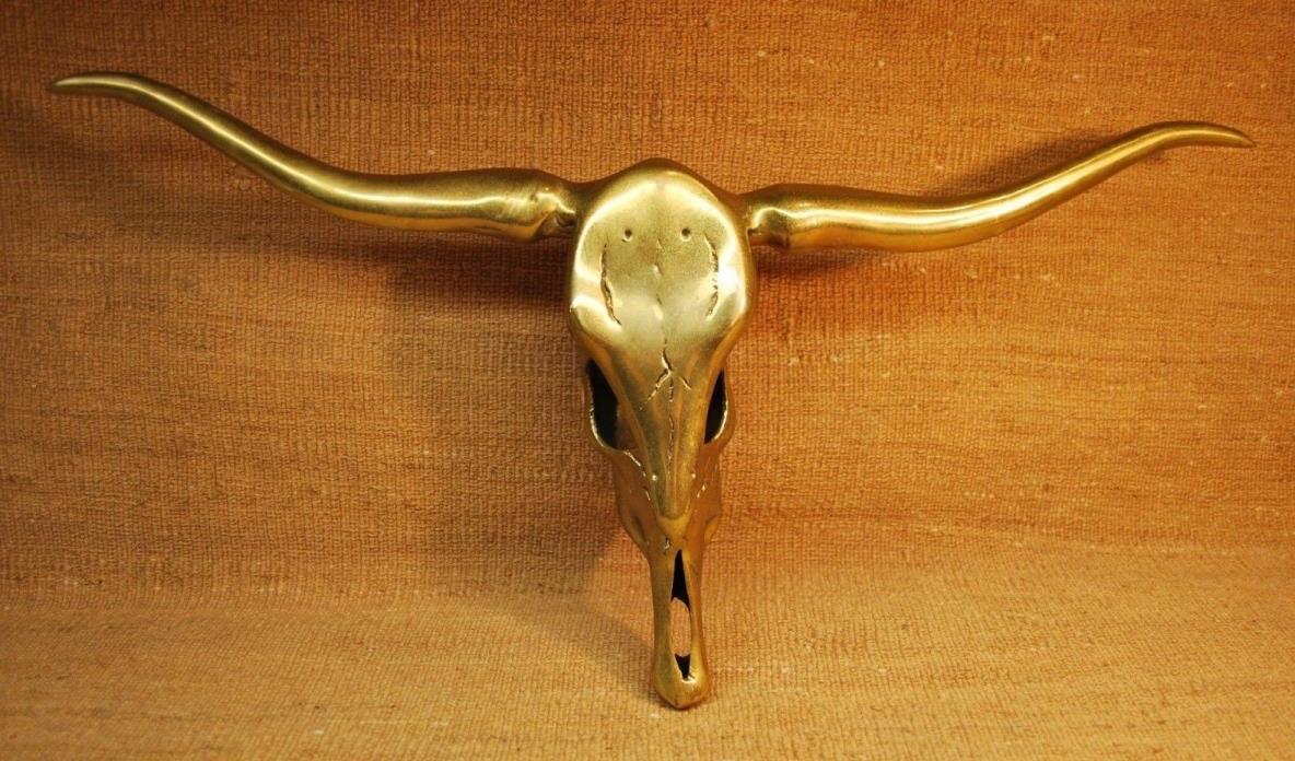 Vintage Mid Century Longhorn Steer Head Skull Solid Brass Wall Art Mount Horns