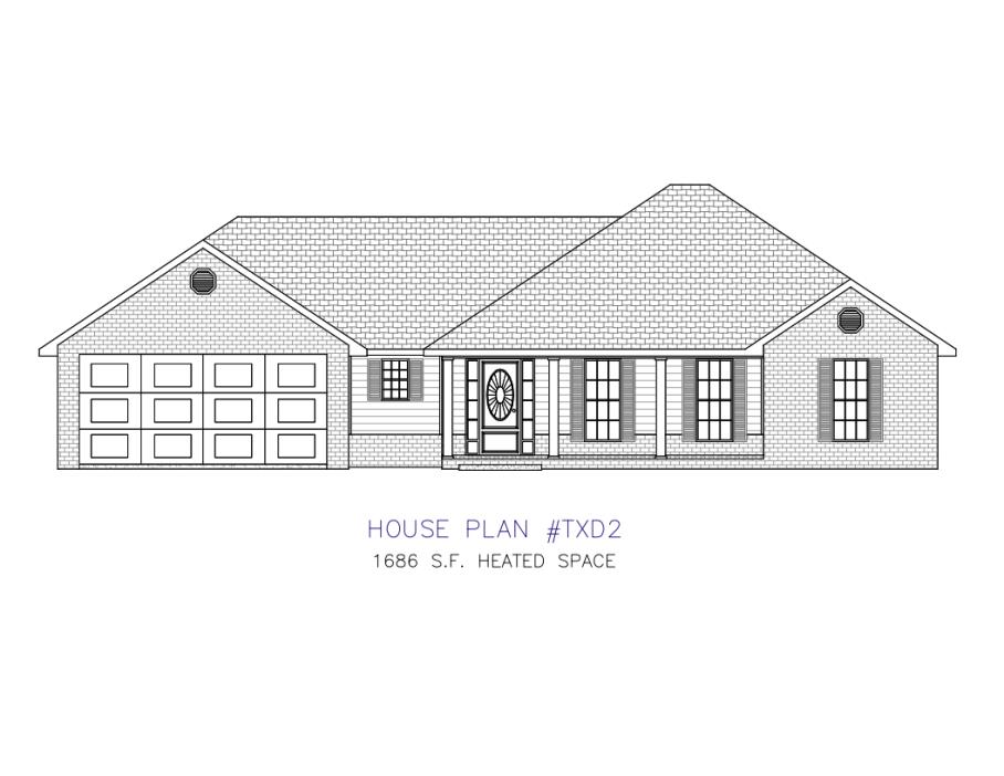 Ranch House Plans 1686 SF 3 Bed 2 Bath Open Floor Plan (Blueprints)