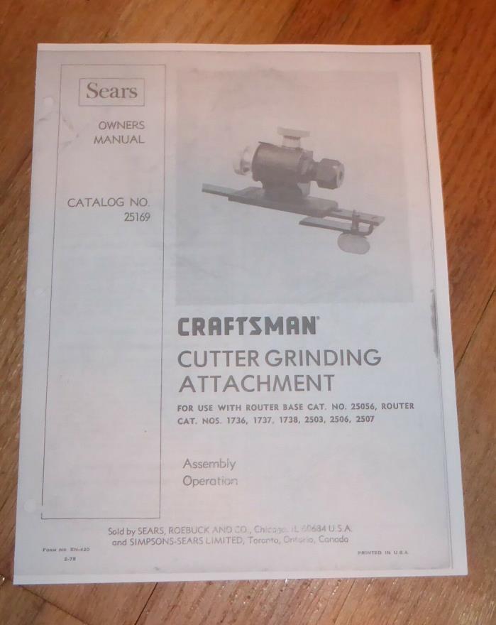 SEARS CRAFTSMAN ROUTER CUTTER GRINDING ATTACHMENT OWNERS MANUAL 25169