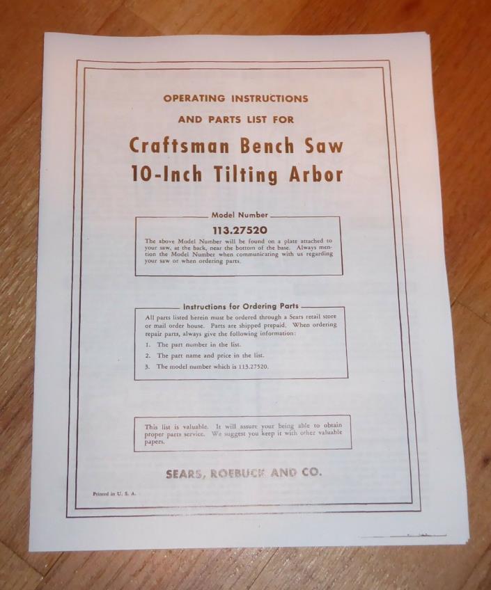 SEARS CRAFTSMAN 10 INCH BENCH SAW OWNERS MANUAL 113.27520 27520 TABLE TILTING AR