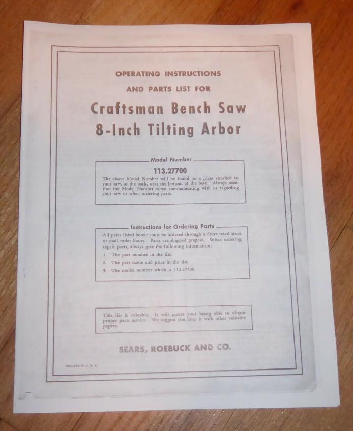 SEARS CRAFTSMAN 8 INCH BENCH SAW OWNERS MANUAL 113.27700 27700 TABLE TILTING ARB