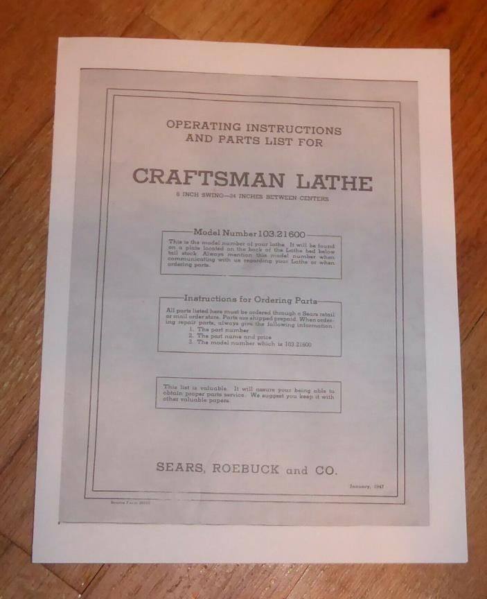 SEARS CRAFTSMAN 8 INCH 24 LONG BETWEEN BENCH LATHE OWNERS MANUAL 103.21600 21600