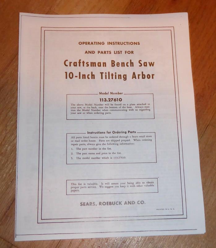 SEARS CRAFTSMAN 10 INCH BENCH SAW OWNERS MANUAL 113.27610 27610 TABLE TILTING AR