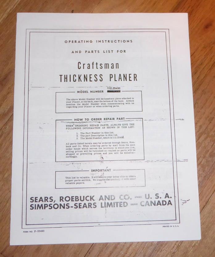 SEARS CRAFTSMAN THICKNESS PLANER OWNERS MANUAL 112.23491 23491