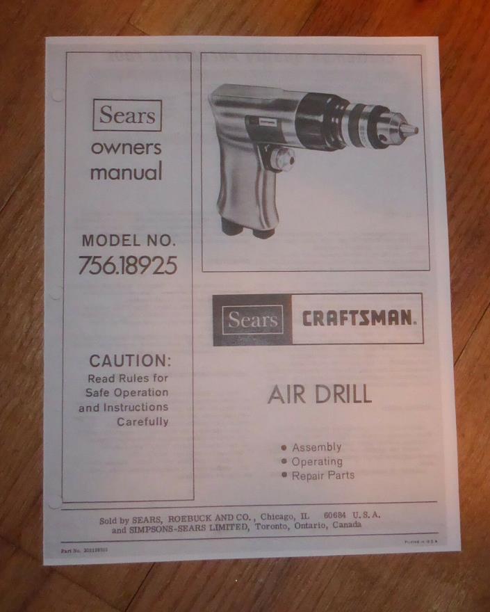 SEARS CRAFTSMAN AIR DRILL OWNERS MANUAL 756.18925 18925
