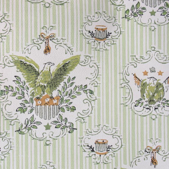 1940s Wallpaper Patriotic vtg USA Eagles Striped seafoam green gold 2 rolls rare