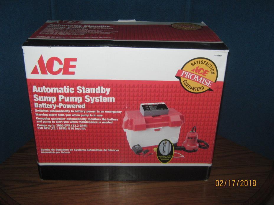 NEW ACE Automatic Standby Sump Pump System Battery Powered 2000 GPH 4164927