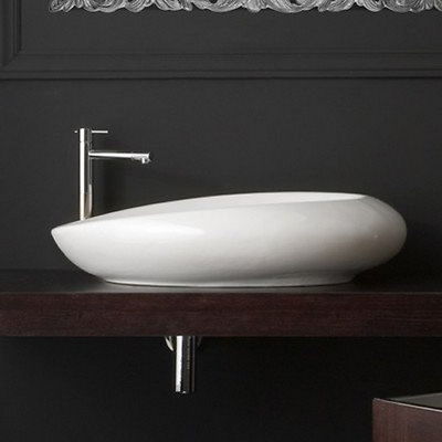 Scarabeo 8601-No Hole Moai Oval Shaped Ceramic Vessel Bathroom Sink, White