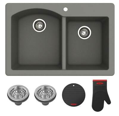 33 in. Dual Mount Double Bowl Granite Kitchen Sink in Gray [ID 3694652]