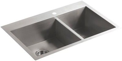 KOHLER Vault Stainless Steel 33 in. 1-Hole 60/40 Double Basin Kitchen Sink Kit